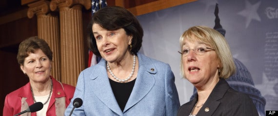 From left, Sen. Jeanne Shaheen, D-N.H., Sen. Dianne Feinstein, D-Calif., and Sen. Patty Murray, D-Wash., talk to reporters about reauthorization of the Violence Against Women Act that was passed originally in 1994, Wednesday, April 18, 2012, on Capitol Hill in Washington. (AP Photo/J. Scott Applewhite)