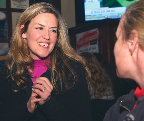 Times-Mirror Photo / Rick Wasser
Jennifer Wexton chats with a well-wisher at her election celebration Tuesday night.