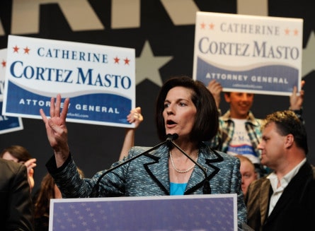 LAS VEGAS - NOVEMBER 02:  Nevada's Democratic Attorney General Catherine Cortez Masto delivers her acceptance speech after she won re-election at the Nevada State Democratic Party's election results party at the Aria Resort &amp; Casino at CityCenter November 2, 2010 in Las Vegas, Nevada. In one of the nation's most closely watched races, U.S. Senate Majority Leader Harry Reid (D-NV) retained his seat for a fifth term against Sharron Angle, a Tea Party favorite.  (Photo by Ethan Miller/Getty Images)